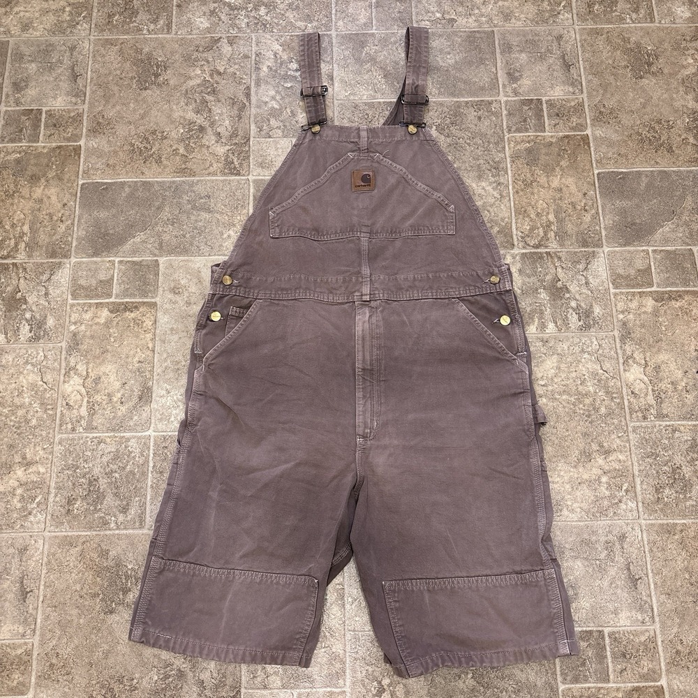 Carhartt Cutoff Bib Overall Shorts Purple Gray Longline Grunge Utility Thrashed